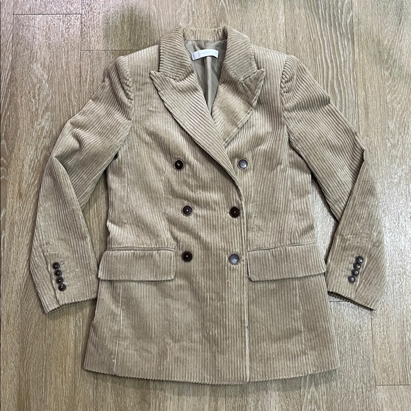 Mango MNG Structured Tan Brown Double Breasted Corduroy Blazer size 2 - Picture 3 of 8